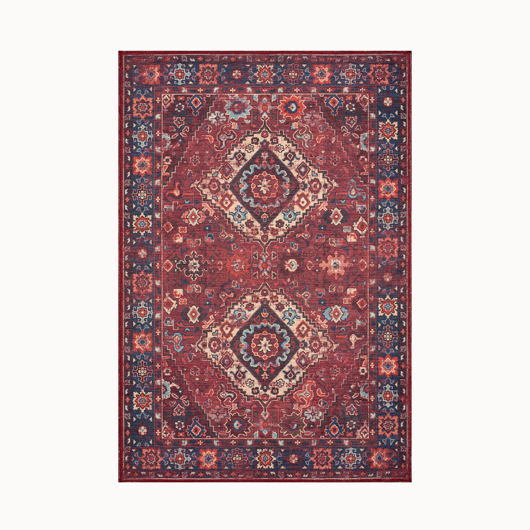 160x230cmサイズの、華やかなバーガンディーカラーに、凛としたダブルメダリオンが映えるペルシャ絨毯のデザインをモダンにアレンジした、RUGHAUSのデジタルプリンティングヴィンテージスタイルラグ