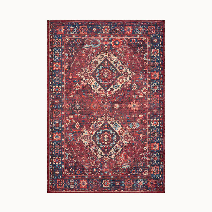 160x230cmサイズの、華やかなバーガンディーカラーに、凛としたダブルメダリオンが映えるペルシャ絨毯のデザインをモダンにアレンジした、RUGHAUSのデジタルプリンティングヴィンテージスタイルラグ