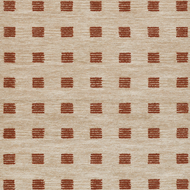 愛らしいブリック色のラストカラーがオシャレでキュートな、シンプルだけど、ほっこりする、RUGHAUSの天然素材ウール100％製ハンドタフテッドラグの素材感がわかるクロースアップ