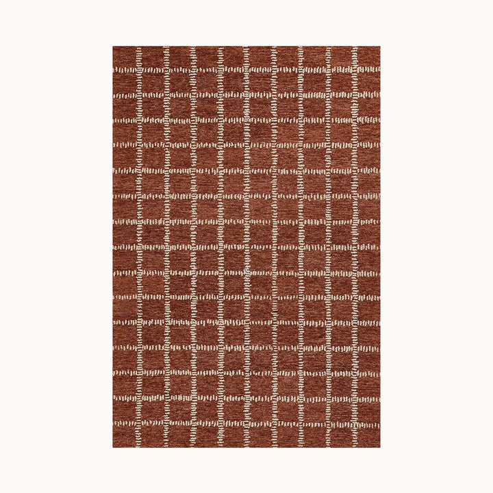 150x245cmサイズの暖色系のブリックカラーが居心地のいいレトロモダン感を漂わせる、シンプルだけど、ほっこりする、RUGHAUSの天然素材ウール100％製ハンドタフテッドラグ