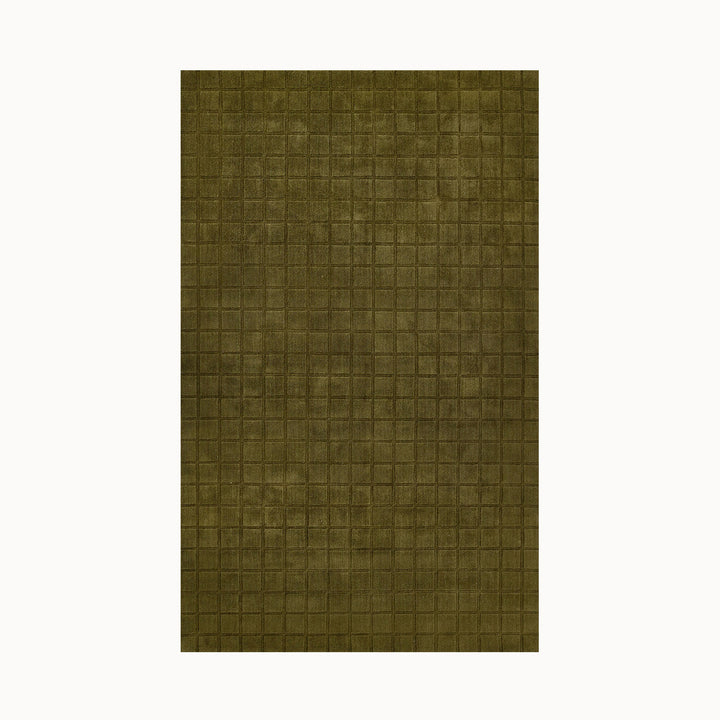 150x245cmサイズの深みのあるオリーブグリーン地とタイル模様が素敵で、知的な印象を与えるRUGHAUSの天然素材ウール製手織りのシンプルラグ