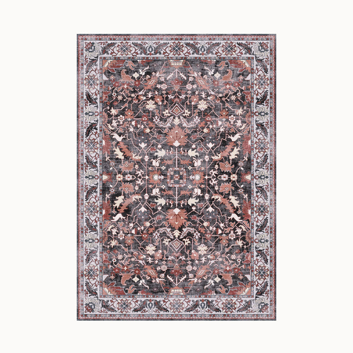 160x230cmサイズの、装飾性の高い華やかなペルシャ絨毯デザインと重厚感のあるミッドナイトブルーカラーが美しく融合した、RUGHAUSのデジタルプリンティングヴィンテージスタイルラグ Cara