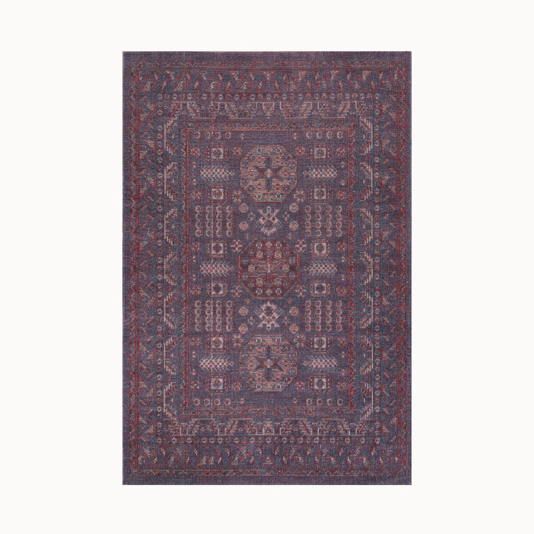 160x230cmサイズの、モダンで幾何学的なデザインと上品なパープルカラーが見事にマッチングした、ペルシャ絨毯のデザインをモダンにアレンジしたRUGHAUSのコットン混合製ヴィンテージスタイルラグ