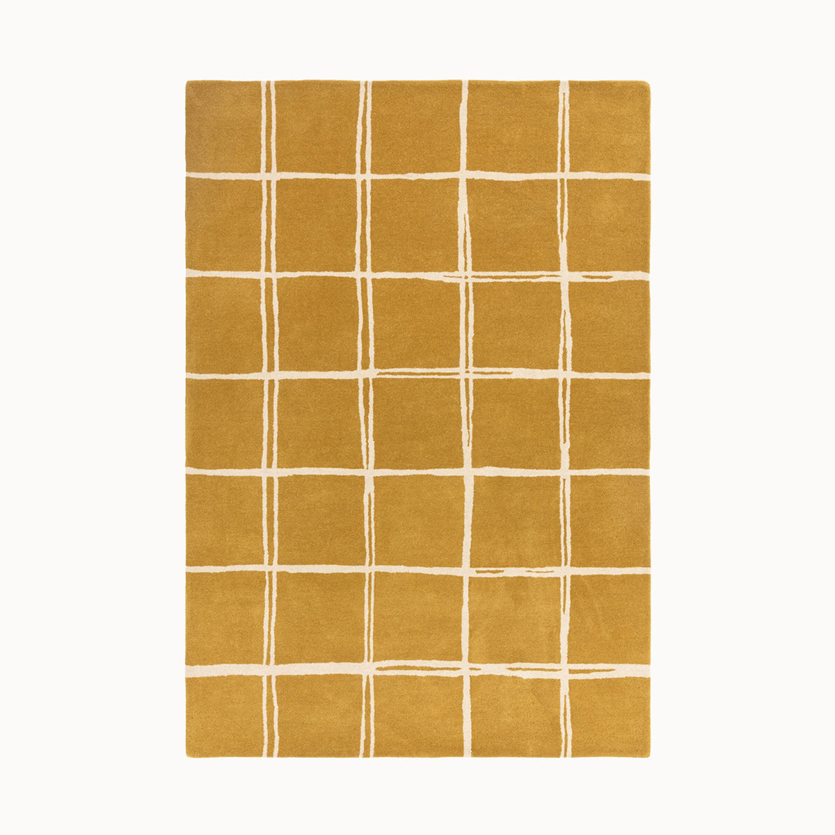 160x230cmサイズの、マスタード×クリーム色のラフに描かれた格子パターンが可愛らしい、シンプルながらもセンスがきらりと光る、天然素材ウール100％製RUGHAUSのハンドタフトラグ Ane