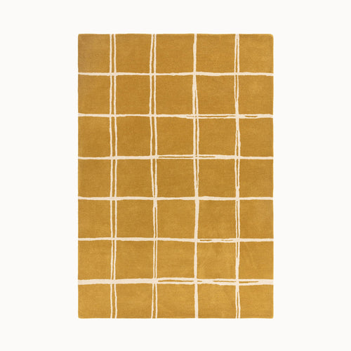 160x230cmサイズの、マスタード×クリーム色のラフに描かれた格子パターンが可愛らしい、シンプルながらもセンスがきらりと光る、天然素材ウール100％製RUGHAUSのハンドタフトラグ Ane