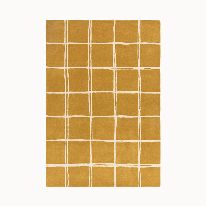 160x230cmサイズの、マスタード×クリーム色のラフに描かれた格子パターンが可愛らしい、シンプルながらもセンスがきらりと光る、天然素材ウール100％製RUGHAUSのハンドタフトラグ Ane