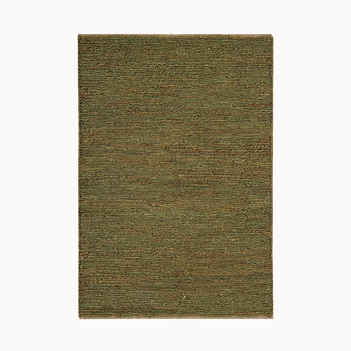 160x230cmサイズの、モスグリーン色のジュートの素朴な風合いとナチュラル感が素敵な、サステナブルな天然素材ジュート（麻）100％製RUGHAUSの手織りハンドメイドラグ Alf