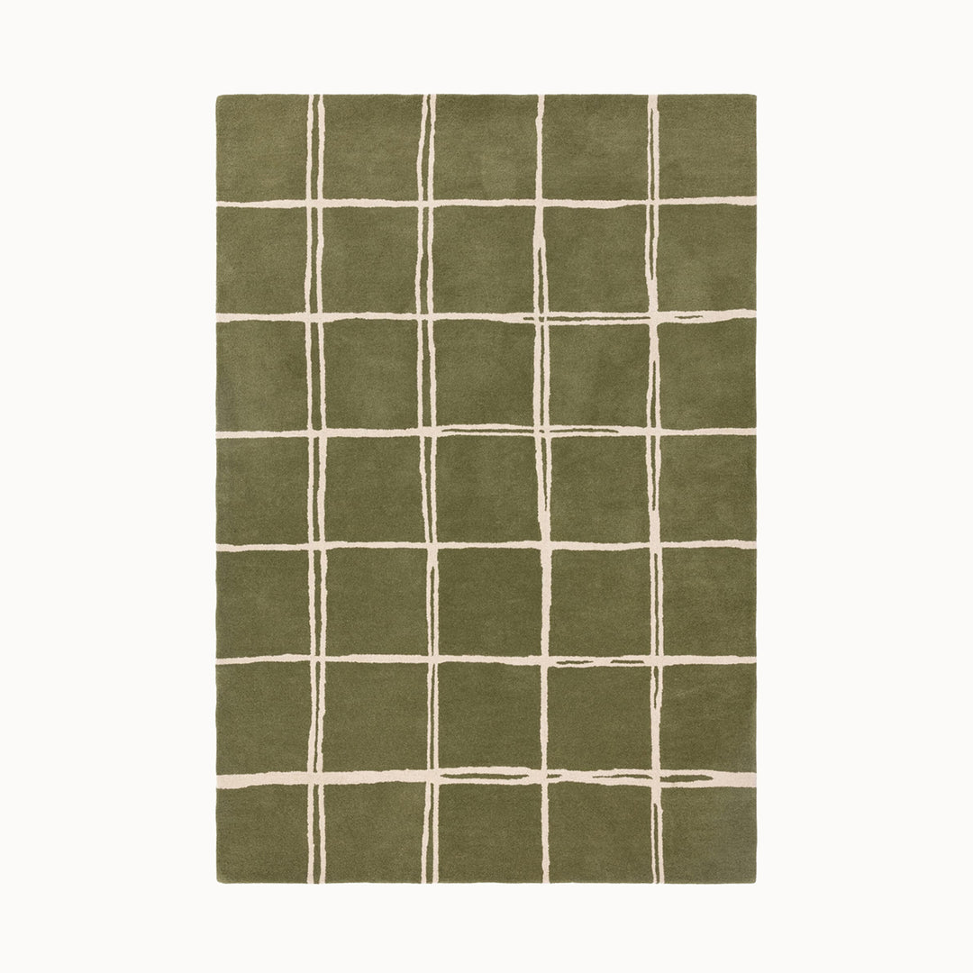 160x230cmサイズの、オリーブグリーン×クリーム色のラフに描かれた格子パターンが可愛らしい、シンプルながらもセンスがきらりと光る、天然素材ウール100％製RUGHAUSのハンドタフトラグ Ane