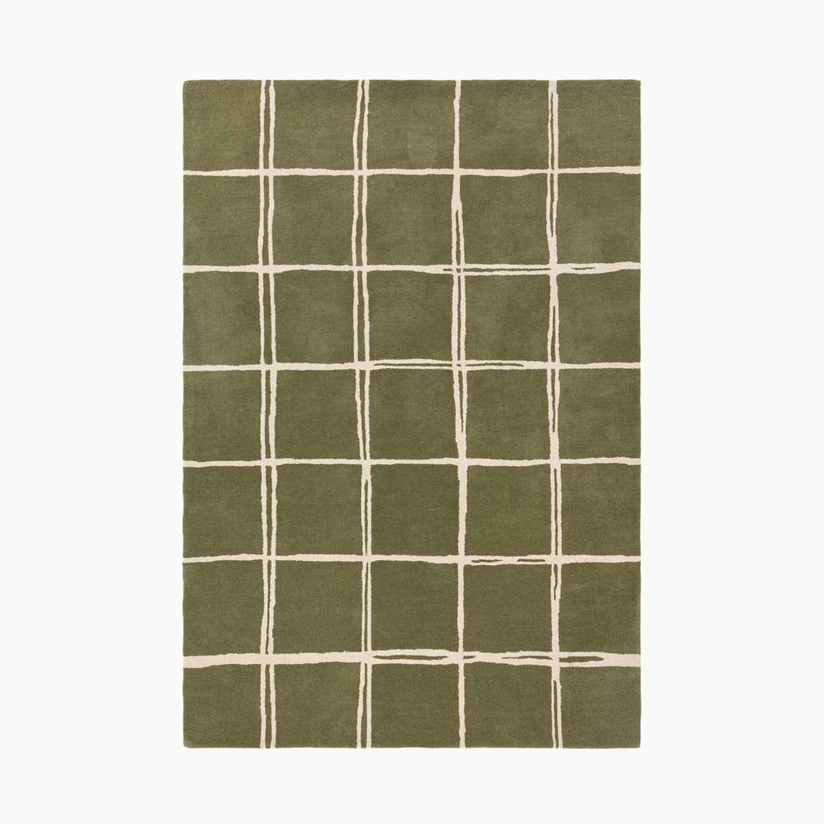160x230cmサイズの、オリーブグリーン×クリーム色のラフに描かれた格子パターンが可愛らしい、シンプルながらもセンスがきらりと光る、天然素材ウール100％製RUGHAUSのハンドタフトラグ Ane