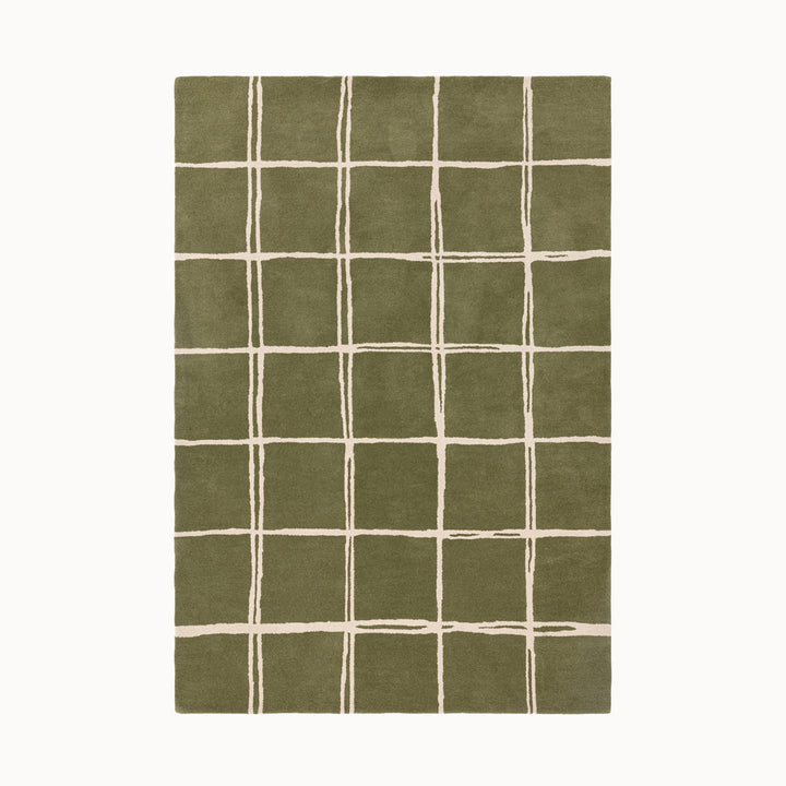 160x230cmサイズの、オリーブグリーン×クリーム色のラフに描かれた格子パターンが可愛らしい、シンプルながらもセンスがきらりと光る、天然素材ウール100％製RUGHAUSのハンドタフトラグ Ane