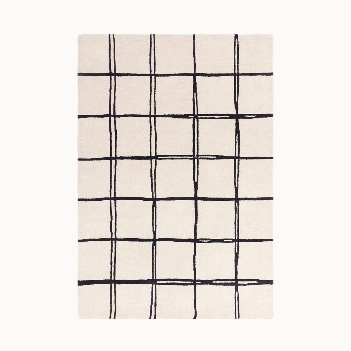 160x230cmサイズの、ホワイト×ブラック色のラフに描かれた格子パターンが可愛らしい、シンプルながらもセンスがきらりと光る、天然素材ウール100％製RUGHAUSのハンドタフトラグ Ane