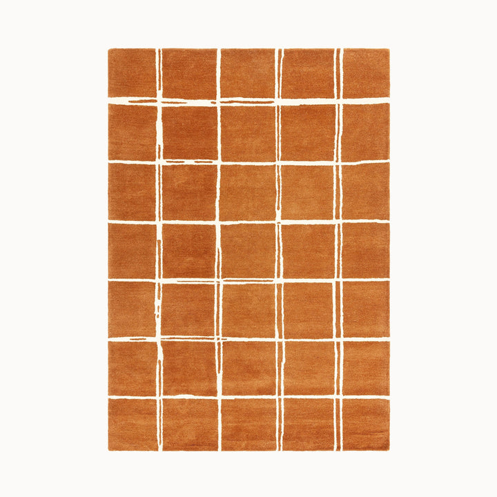 160x230cmサイズの、ブリック×クリーム色のラフに描かれた格子パターンが可愛らしい、シンプルながらもセンスがきらりと光る、天然素材ウール100％製RUGHAUSのハンドタフトラグ Ane