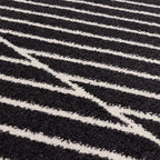 交錯した直線とモノクロのコントラストがスタイリッシュなRUGHAUSの幾何学的パターンアートランナーラグの素材感がわかるクロースアップ