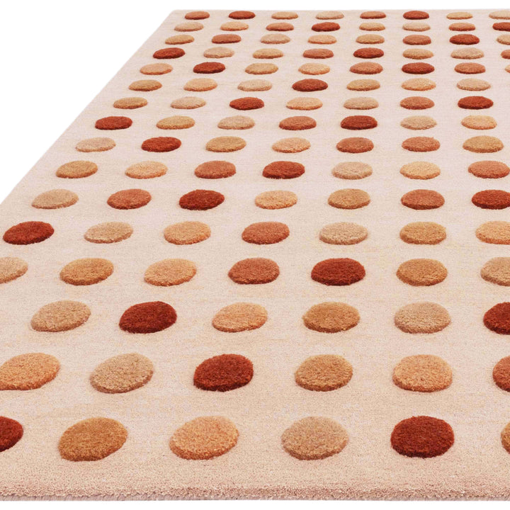 200x300cm大きめサイズのベージュやブラウンのアーシーカラーとプルカドット（Pulka Dot）の水玉デザインがキュートな、天然素材ウール100％RUGHAUSの手織りハンドタフトのアートラグ