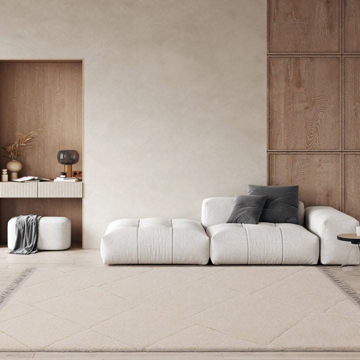 伝統的なベルベルキリムのテクスチャーやデザインにインスパイアされて織り上げた、ふわふわとした柔らかなマイクロファイバーポリエステル製RUGHAUSのベージュ・アイボリー色のベニワレンスタイルモロッカンラグを主役にしたナチュラルロースタイルのリビングルームイメージ