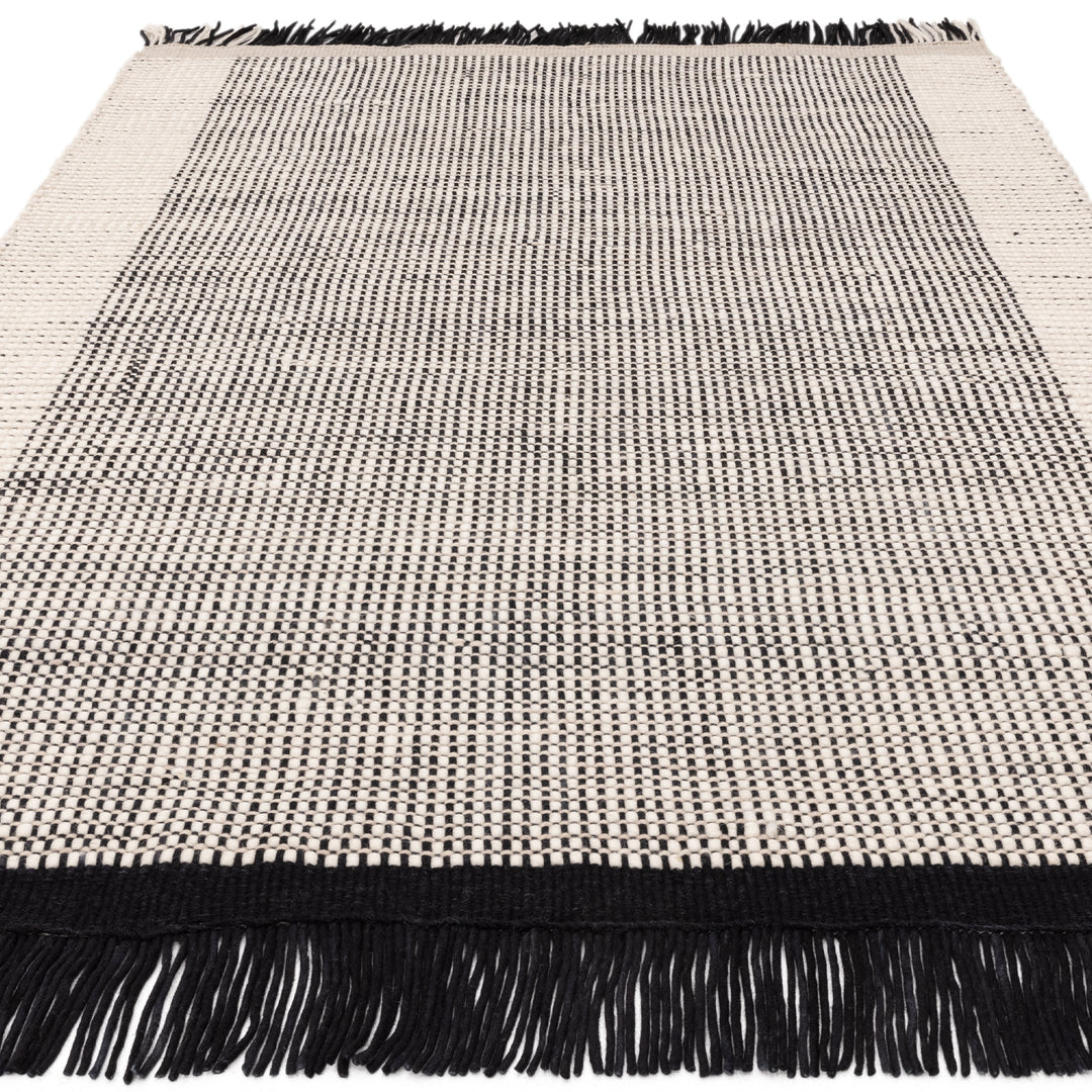 200x290cm大きめサイズのブラック × ホワイト × ベージュ糸を使ってバスケット織りした格子模様がステキな、天然素材ウール100％RUGHAUSのハンドメイドのモノクロームナチュラルラグ