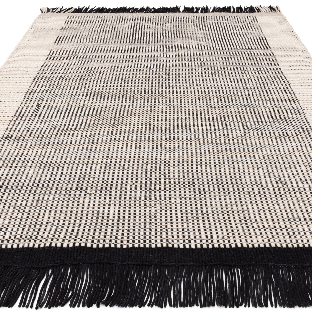 200x290cm大きめサイズのブラック × ホワイト × ベージュ糸を使ってバスケット織りした格子模様がステキな、天然素材ウール100％RUGHAUSのハンドメイドのモノクロームナチュラルラグ