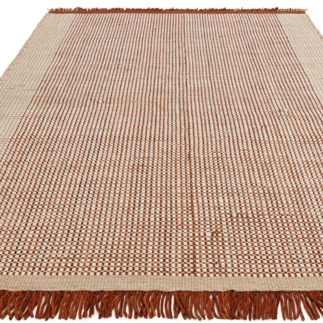 200x290cm大きめサイズのブリックカラーの暖色系グラデーション × ベージュ糸を使ってバスケット織りした格子模様がステキな、天然素材ウール100％RUGHAUSのハンドメイドのナチュラルラグ