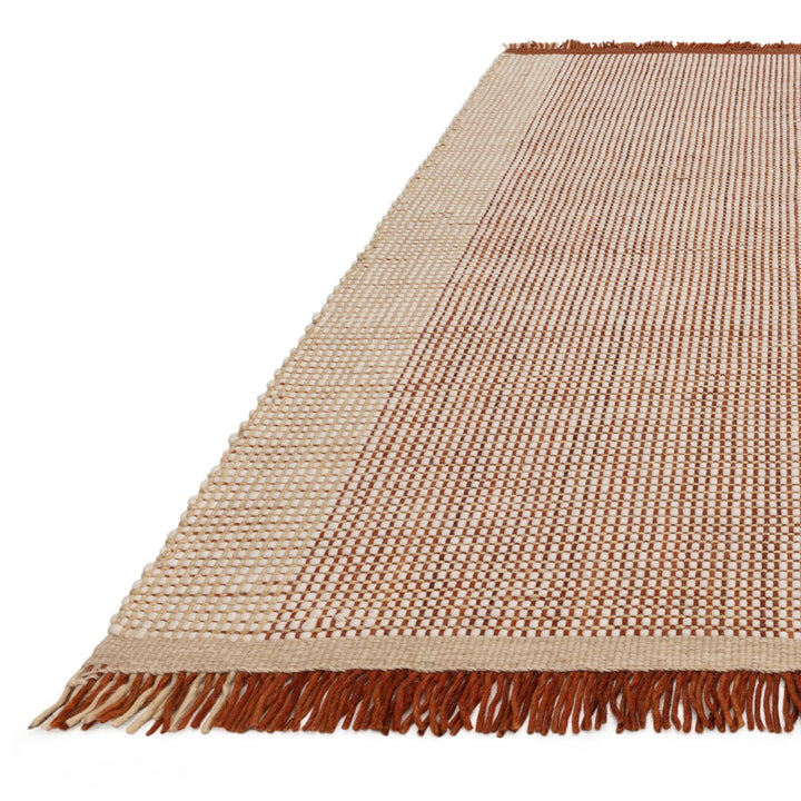200x290cm大きめサイズのブリックカラーの暖色系グラデーション × ベージュ糸を使ってバスケット織りした格子模様がステキな、天然素材ウール100％RUGHAUSのハンドメイドのナチュラルラグ