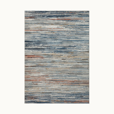 160x230cmサイズのブルー、ブラウン、オレンジ、グレーのグラデーションが抽象画のように美しい、平織りのシンプルモダンなラグ
