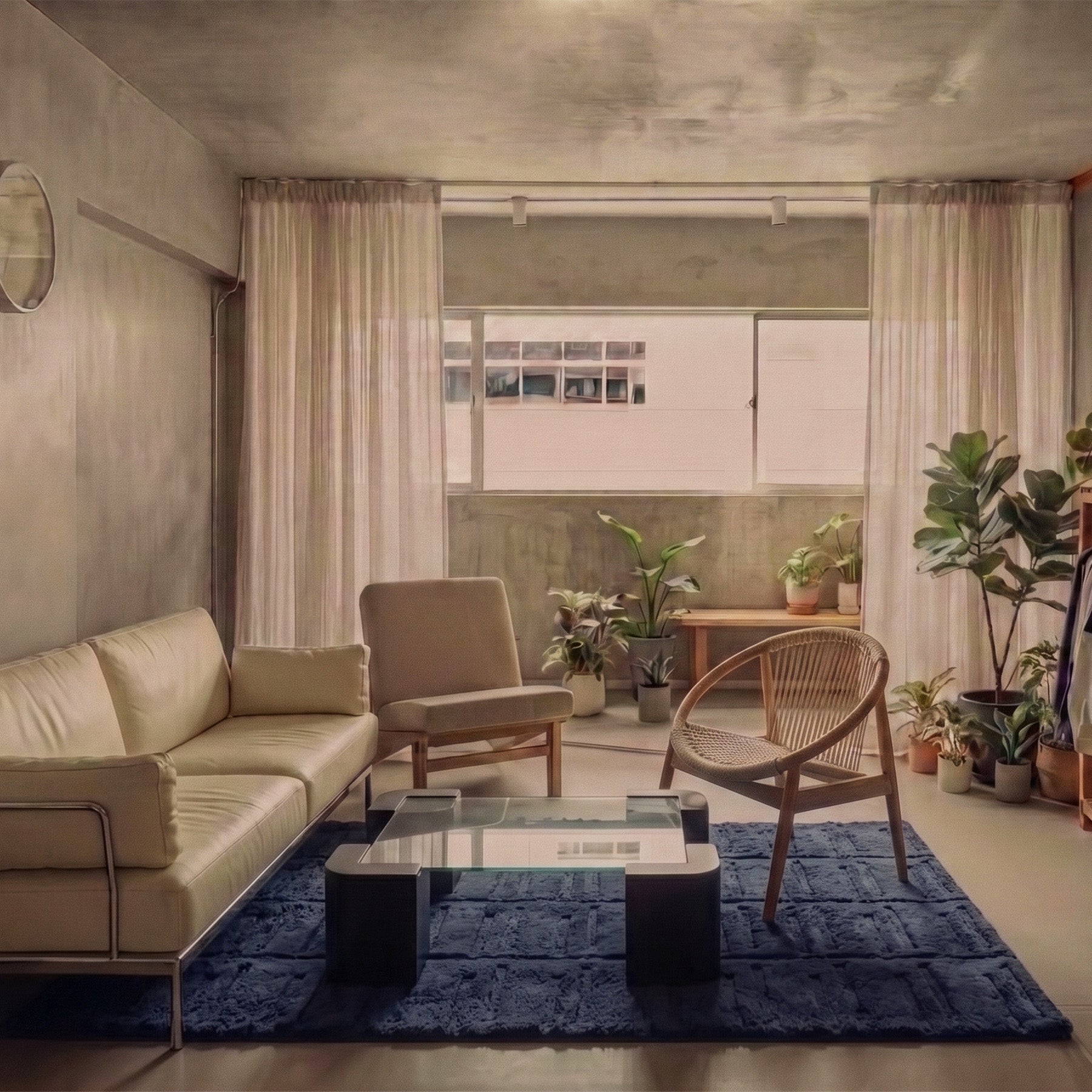 Virelle ラグ + ひとり時間の ペーパーコードラウンジチェア + ブロック脚 ガラスローテーブル